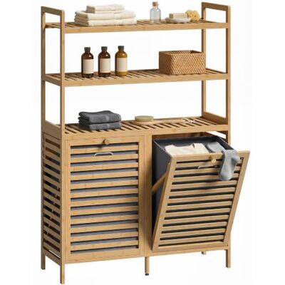 HOMCOM Armário roupa suja de bambu 2 em 1 para casa de banho 80 x 30 x 118 2 cestas para roupa suja inclináveis 38,7 l, 3 prateleiras, para cozinha, sala de estar HOMCOM Armário roupa suja de bambu 2 em 1 para casa de banho 80 x 30 x 118 2 cestas para roupa suja inclináveis 38,7 l, 3 prateleiras, para cozinha, sala de estar