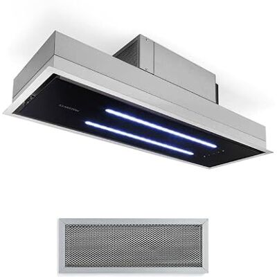 KLARSTEIN High Line Extrator de teto, sino sob móvel ou encastrável, moldura largura 77 cm, vidro acetinado, 75 W, 3 níveis de potência, extração de potência 410 m³/h, 2 luzes led 4 W, preto KLARSTEIN High Line Extrator de teto, sino sob móvel ou encastrável, moldura largura 77 cm, vidro acetinado, 75 W, 3 níveis de potência, extração de potência 410 m³/h, 2 luzes led 4 W, preto