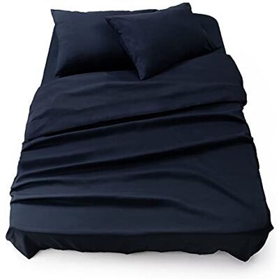 Blumtal Conjunto de Roupa de Cama Conjunto de 4 Peças, Lençol de Baixo Ajustável para Cama 180, Lençol de Cima 280x275 + 2 Fronhas de Almofada 50x80cm, Azul Escuro Blumtal Conjunto de Roupa de Cama Conjunto de 4 Peças, Lençol de Baixo Ajustável para Cama 180, Lençol de Cima 280x275 + 2 Fronhas de Almofada 50x80cm, Azul Escuro