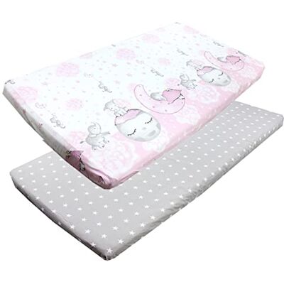 TupTam Lençol Ajustável para Berço Bebé 2 Pack, Lua com Elefante/Rosa/Estrelas/Cinza, 60 x 120 cm TupTam Lençol Ajustável para Berço Bebé 2 Pack, Lua com Elefante/Rosa/Estrelas/Cinza, 60 x 120 cm