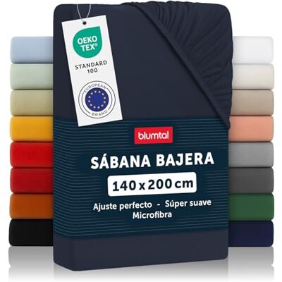 Blumtal Lençol de baixo ajustável de 90 g e 140 x 200 x 30 cm, lençol-capa de microfibra premium com certificado Oeko-Tex, azul escuro, azul Blumtal Lençol de baixo ajustável de 90 g e 140 x 200 x 30 cm, lençol-capa de microfibra premium com certificado Oeko-Tex, azul escuro, azul