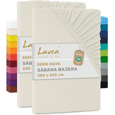 Lavea Conjunto de 2 lençol-capa ajustáveis 200 x 220 cm, colchões altos até 40 cm, para camas Boxspring e água, 100% algodão, com elástico, branco creme Lavea Conjunto de 2 lençol-capa ajustáveis 200 x 220 cm, colchões altos até 40 cm, para camas Boxspring e água, 100% algodão, com elástico, branco creme