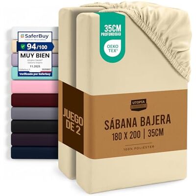 Utopia Bedding Conjunto de 2 lençóis de baixo 180 x 200, bege, bolso profundo, microfibra escovada (cama 180) Utopia Bedding Conjunto de 2 lençóis de baixo 180 x 200, bege, bolso profundo, microfibra escovada (cama 180)