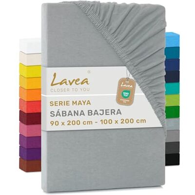 Lavea ® Lençol de baixo ajustável 90 x 200 100 x 200 cm, para cama de 90, colchões altos até 20 cm, 100 % algodão, com elástico, prateado Lavea ® Lençol de baixo ajustável 90 x 200 100 x 200 cm, para cama de 90, colchões altos até 20 cm, 100 % algodão, com elástico, prateado