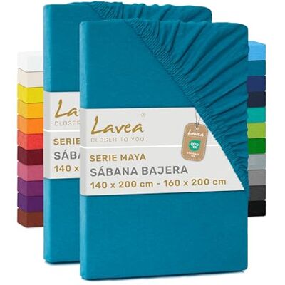 Lavea ® Conjunto de 2 lençóis de baixo ajustáveis 140 x 200 160 x 200 cm, para cama de 150, colchões altos até 20 cm, 100 % algodão, com elástico, água-marinha Lavea ® Conjunto de 2 lençóis de baixo ajustáveis 140 x 200 160 x 200 cm, para cama de 150, colchões altos até 20 cm, 100 % algodão, com elástico, água-marinha