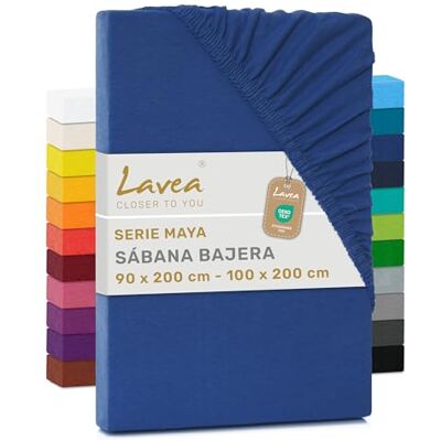 Lavea ® Lençol de baixo ajustável 90 x 200 100 x 200 cm, para cama de 90, colchões altos até 20 cm, 100 % algodão, com elástico, azul real Lavea ® Lençol de baixo ajustável 90 x 200 100 x 200 cm, para cama de 90, colchões altos até 20 cm, 100 % algodão, com elástico, azul real