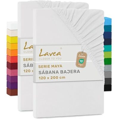 Lavea ® Conjunto de 2 lençóis de baixo ajustáveis 120 x 200 cm, para cama de 120, colchões altos até 20 cm, 100% algodão, com elástico, branco Lavea ® Conjunto de 2 lençóis de baixo ajustáveis 120 x 200 cm, para cama de 120, colchões altos até 20 cm, 100% algodão, com elástico, branco