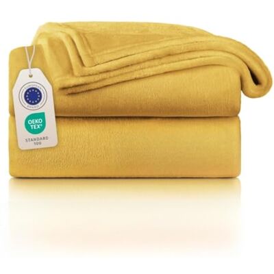 Blumtal Cobertores para sofá de flanela macio e acolchoado, manta polar 100 % microfibra extra macia, manta de sofá, cama ou sala de estar, amarelo mostarda, 220 x 240 cm Blumtal Cobertores para sofá de flanela macio e acolchoado, manta polar 100 % microfibra extra macia, manta de sofá, cama ou sala de estar, amarelo mostarda, 220 x 240 cm