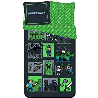 Jay Franco Conjunto de cama Minecraft Survival moda, 100% algodão, capa nórdica de 140 x 200 cm + fronha de almofada de 65 x 65 cm Jay Franco Conjunto de cama Minecraft Survival moda, 100% algodão, capa nórdica de 140 x 200 cm + fronha de almofada de 65 x 65 cm