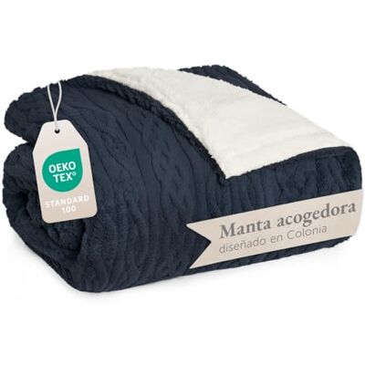 Blumtal Cobertor sofá 130 x 150 cm com design de ponto entrançado, mantas para cama com certificado Oeko-Tex mantas para sofá de microfibra com suave Sherpa no avesso manta cama azul-marinho Blumtal Cobertor sofá 130 x 150 cm com design de ponto entrançado, mantas para cama com certificado Oeko-Tex mantas para sofá de microfibra com suave Sherpa no avesso manta cama azul-marinho