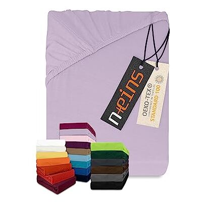 npluseins Lençol-capa ajustável em malha de algodão, diferentes cores e tamanhos, 100 % algodão 159,192 cm, 140 x 190 a 200 cm, lilás npluseins Lençol-capa ajustável em malha de algodão, diferentes cores e tamanhos, 100 % algodão 159,192 cm, 140 x 190 a 200 cm, lilás