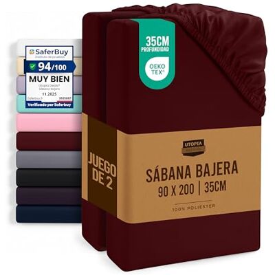 Utopia Bedding Conjunto de 2 lençol-capa 90 x 200, bordô, certificado Oeko Tex, bolso profundo, microfibra escovada (cama 90) Utopia Bedding Conjunto de 2 lençol-capa 90 x 200, bordô, certificado Oeko Tex, bolso profundo, microfibra escovada (cama 90)
