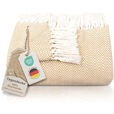 Gräfenstayn Colcha premium com franjas, 100% algodão, 220 x 240 cm XXL, manta de verão com padrão de espinha manta de algodão como manta de cama, manta de sofá, manta de sofá (bege) Gräfenstayn Colcha premium com franjas, 100% algodão, 220 x 240 cm XXL, manta de verão com padrão de espinha manta de algodão como manta de cama, manta de sofá, manta de sofá (bege)