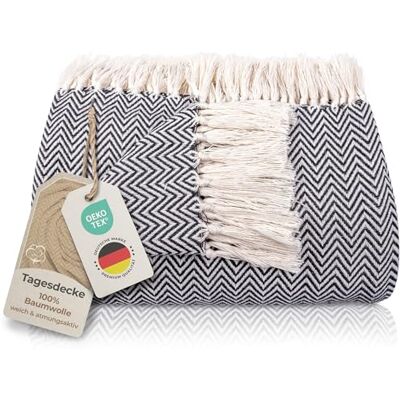 Gräfenstayn Premium Manta sofá com franjas, 100 % algodão, 180 x 240 cm, colcha de verão com padrão de espinha, manta de algodão como manta de cama, colcha para sofá (antracite) Gräfenstayn Premium Manta sofá com franjas, 100 % algodão, 180 x 240 cm, colcha de verão com padrão de espinha, manta de algodão como manta de cama, colcha para sofá (antracite)