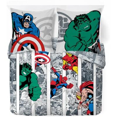 Jay Franco Marvel Comics Conjunto de capa nórdica dupla para crianças, roupa de cama super macia 100 % algodão com fronha de almofada, produto com licença oficial, cinzento, conjunto de 3 peças Jay Franco Marvel Comics Conjunto de capa nórdica dupla para crianças, roupa de cama super macia 100 % algodão com fronha de almofada, produto com licença oficial, cinzento, conjunto de 3 peças