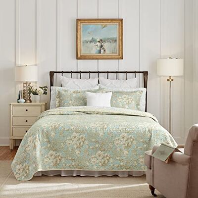Laura Ashley Brompton Collection Conjunto de edredão 100% algodão, reversível, roupa de cama para todas as estações, inclui capas a condizer, Queen, "Serene" (turquesa pálido) Laura Ashley Brompton Collection Conjunto de edredão 100% algodão, reversível, roupa de cama para todas as estações, inclui capas a condizer, Queen, "Serene" (turquesa pálido)