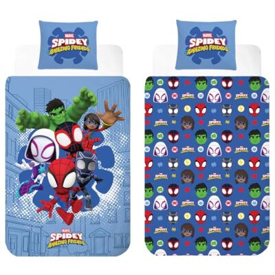 BrandMac Marvel Spidey e a sua superequipa Conjunto de cama reversível, capa nórdica para cama de solteiro, 140 × 200 cm, fronha de almofada 50 × 70 cm, conjunto infantil 100 % algodão macio e respirável BrandMac Marvel Spidey e a sua superequipa Conjunto de cama reversível, capa nórdica para cama de solteiro, 140 × 200 cm, fronha de almofada 50 × 70 cm, conjunto infantil 100 % algodão macio e respirável