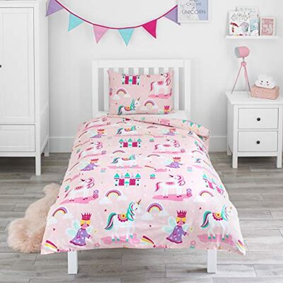 Bloomsbury Mill Conjunto de capa nórdica reversível para meninas, design de unicórnios, princesas e rosa arco-íris, conjunto de edredão individual e almofadas para cama de solteiro, 135 x 200 cm Bloomsbury Mill Conjunto de capa nórdica reversível para meninas, design de unicórnios, princesas e rosa arco-íris, conjunto de edredão individual e almofadas para cama de solteiro, 135 x 200 cm