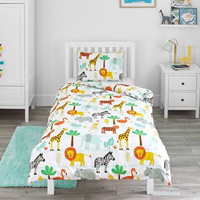 Bloomsbury Mill Conjunto de Capa Nórdica Reversivel para Crianças – Animais da Selva Conjunto de Edredão Individual e Almofadas para Cama de Solteiro Infantil 135 x 200 cm Bloomsbury Mill Conjunto de Capa Nórdica Reversivel para Crianças – Animais da Selva Conjunto de Edredão Individual e Almofadas para Cama de Solteiro Infantil 135 x 200 cm