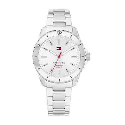 Tommy Hilfiger Relógio com movimento de quartzo de três ponteiros para jovens com correia de aço inoxidável ou de silicone, PRATEADO, pulseira Tommy Hilfiger Relógio com movimento de quartzo de três ponteiros para jovens com correia de aço inoxidável ou de silicone, PRATEADO, pulseira