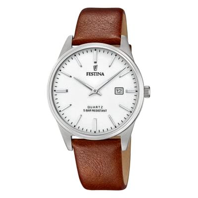 Festina Pulseira de Relógio de Couro Clássico Masculino, Prata, Clássico Festina Pulseira de Relógio de Couro Clássico Masculino, Prata, Clássico