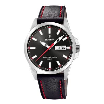 Festina Relógio masculino analógico de aço inoxidável e couro preto Festina Relógio masculino analógico de aço inoxidável e couro preto