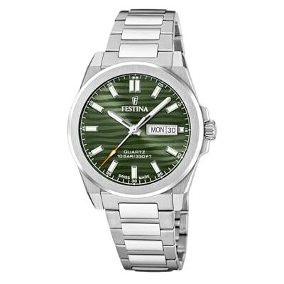 Festina Swiss Made relógio masculino analógico de aço inoxidável 316 l Movimento de quartzo, calendário, cristal safira resistente, resistente à água 10 ATM Classic Steel Festina Swiss Made relógio masculino analógico de aço inoxidável 316 l Movimento de quartzo, calendário, cristal safira resistente, resistente à água 10 ATM Classic Steel