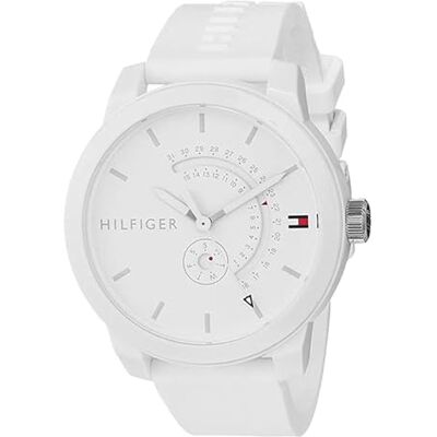 Tommy Hilfiger Relógio analógico de quartzo para homem mostrador branco, correia de silicone branca, funções de dia e data, caixa de 44 mm, resistente à água 3ATM Tommy Hilfiger Relógio analógico de quartzo para homem mostrador branco, correia de silicone branca, funções de dia e data, caixa de 44 mm, resistente à água 3ATM