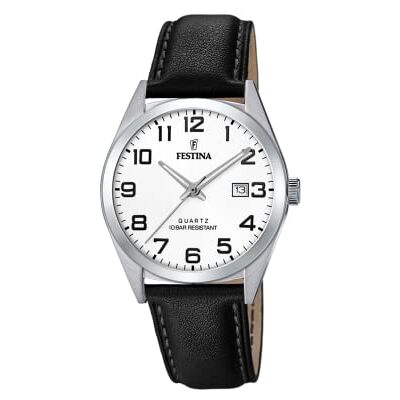Festina Relógio masculino analógico de aço inoxidável e couro preto Festina Relógio masculino analógico de aço inoxidável e couro preto