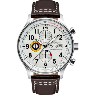 AVI-8 Relógio cronógrafo de quartzo para homem com mostrador branco e pulseira de couro marrom AVI-8 Relógio cronógrafo de quartzo para homem com mostrador branco e pulseira de couro marrom