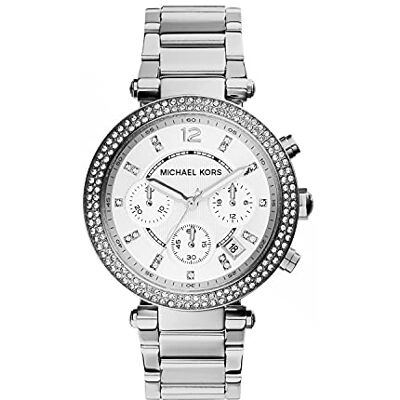 Michael Kors Relógio Parker para mulher, movimento cronógrafo de quartzo com correia de aço ou PVC, tom prateado e branco, 39 mm Michael Kors Relógio Parker para mulher, movimento cronógrafo de quartzo com correia de aço ou PVC, tom prateado e branco, 39 mm