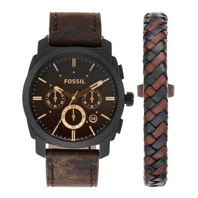 Fossil Relógio Machine para homem, 42mm movimento cronógrafo de quartzo com correia de aço ou pele, Marrom escuro, tira Fossil Relógio Machine para homem, 42mm movimento cronógrafo de quartzo com correia de aço ou pele, Marrom escuro, tira