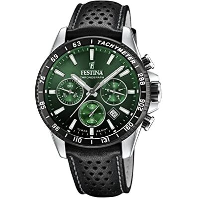 Festina Relógio masculino analógico de aço inoxidável e couro preto Festina Relógio masculino analógico de aço inoxidável e couro preto