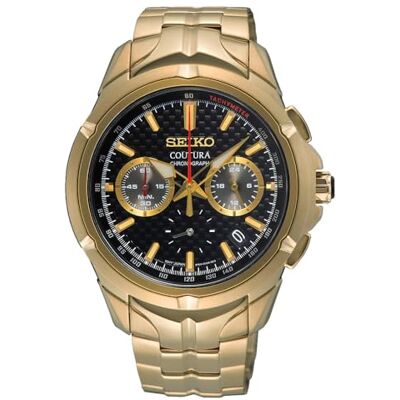 Seiko 438 Coutura relógio cronógrafo de quartzo para homem, mostrador preto de aço inoxidável com correia dourada clara, impermeável até 100 metros, preto-, clássico Seiko 438 Coutura relógio cronógrafo de quartzo para homem, mostrador preto de aço inoxidável com correia dourada clara, impermeável até 100 metros, preto-, clássico