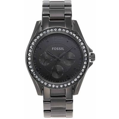 Fossil Riley Relógio para mulher, movimento cronógrafo com correia de aço ou pele, preto e roxo, 38 mm Fossil Riley Relógio para mulher, movimento cronógrafo com correia de aço ou pele, preto e roxo, 38 mm