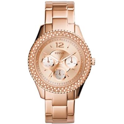 Fossil Stella Relógio para mulher, movimento cronógrafo com correia de aço ou pele, Tom ouro rosa Fossil Stella Relógio para mulher, movimento cronógrafo com correia de aço ou pele, Tom ouro rosa