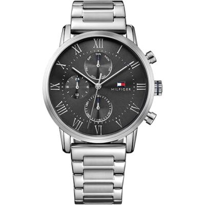 Tommy Hilfiger Relógio analógico de quartzo multifuncional para homem com correia de aço inoxidável ou pulseira em couro, cinzento, Tamanho único Tommy Hilfiger Relógio analógico de quartzo multifuncional para homem com correia de aço inoxidável ou pulseira em couro, cinzento, Tamanho único