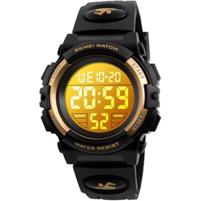 Alienwork Kids relógio infantil digital menino menina impermeável 5 ATM Sport, Preto-ouro/variegado/pulseira de borracha preta, Correia Alienwork Kids relógio infantil digital menino menina impermeável 5 ATM Sport, Preto-ouro/variegado/pulseira de borracha preta, Correia