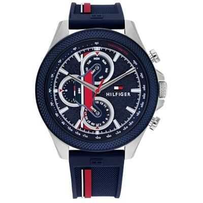 Tommy Hilfiger Relógio analógico de quartzo japonês para homens com correia de aço inoxidável, de pele ou de silicone, Azul Tommy Hilfiger Relógio analógico de quartzo japonês para homens com correia de aço inoxidável, de pele ou de silicone, Azul