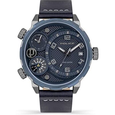 Police Ray Relógio multifuncional para homem com mostrador azul e correia de couro azul, caixa de aço inoxidável de 51 mm em caixa de relógio de marca, preto, tamanho único, correia Police Ray Relógio multifuncional para homem com mostrador azul e correia de couro azul, caixa de aço inoxidável de 51 mm em caixa de relógio de marca, preto, tamanho único, correia