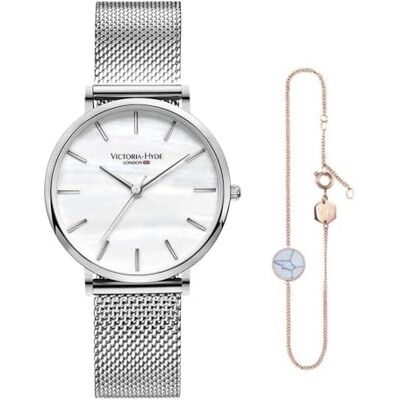VICTORIA HYDE Mulher pulseiras relógio set quartzo analógico relógio, PRATEADO, Elegante VICTORIA HYDE Mulher pulseiras relógio set quartzo analógico relógio, PRATEADO, Elegante