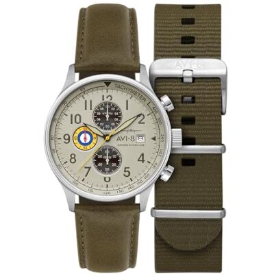 AVI-8 Hawker Hurricane Relógio cronógrafo clássico com bracelete de couro para homem 43,5 mm AV-4011, Verde caqui, Correia AVI-8 Hawker Hurricane Relógio cronógrafo clássico com bracelete de couro para homem 43,5 mm AV-4011, Verde caqui, Correia
