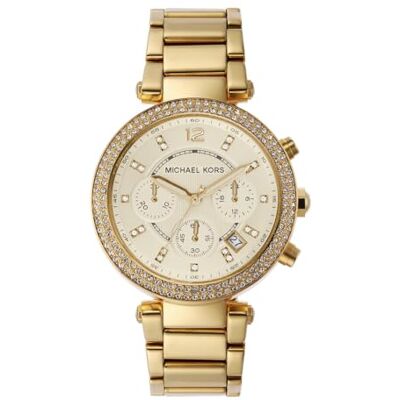 Michael Kors Reloj Parker para mujer, cronógrafo de cuarzo, correa de acero inoxidable o PVC Michael Kors Reloj Parker para mujer, cronógrafo de cuarzo, correa de acero inoxidable o PVC
