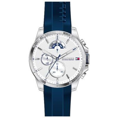 Tommy Hilfiger Relógio analógico multifuncional de quartzo para homens com correia de silicone, aço inoxidável ou couro, subesferas para dia e data, resistente à água até 5ATM., branco, Moderno Tommy Hilfiger Relógio analógico multifuncional de quartzo para homens com correia de silicone, aço inoxidável ou couro, subesferas para dia e data, resistente à água até 5ATM., branco, Moderno