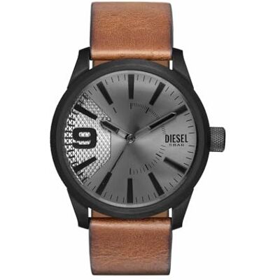 Diesel Relógio masculino Rasp, movimento de três ponteiros, caixa de aço preto de 46 mm com correia de couro, , Marrom e preto, Correia Diesel Relógio masculino Rasp, movimento de três ponteiros, caixa de aço preto de 46 mm com correia de couro, , Marrom e preto, Correia