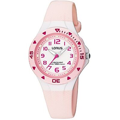 Lorus Relógio analógico infantil de quartzo com pulseira de plástico rosa (luz) resistente à água até 100 metros Lorus Relógio analógico infantil de quartzo com pulseira de plástico rosa (luz) resistente à água até 100 metros