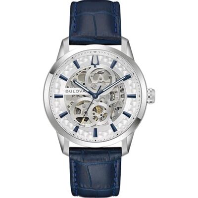 Bulova Sutton Skeleton Relógio automático mecânico para homem 40 mm, mostrador branco aberto, caixa de aço inoxidável, correia de couro, cristal safira Bulova Sutton Skeleton Relógio automático mecânico para homem 40 mm, mostrador branco aberto, caixa de aço inoxidável, correia de couro, cristal safira