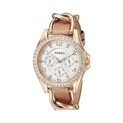 Fossil Riley Relógio para mulher, movimento cronógrafo com correia de aço ou pele, Correia Fossil Riley Relógio para mulher, movimento cronógrafo com correia de aço ou pele, Correia