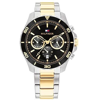Tommy Hilfiger Relógio analógico de quartzo multifuncional para homem com correia em aço inoxidável, Preto (Preto), pulseira Tommy Hilfiger Relógio analógico de quartzo multifuncional para homem com correia em aço inoxidável, Preto (Preto), pulseira