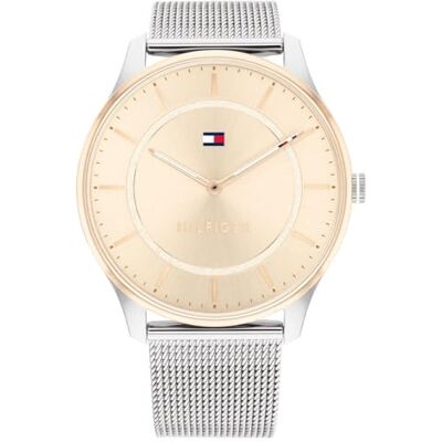 Tommy Hilfiger Relógio analógico de quartzo para mulher com correia de malha de aço inoxidável prateado Tommy Hilfiger Relógio analógico de quartzo para mulher com correia de malha de aço inoxidável prateado